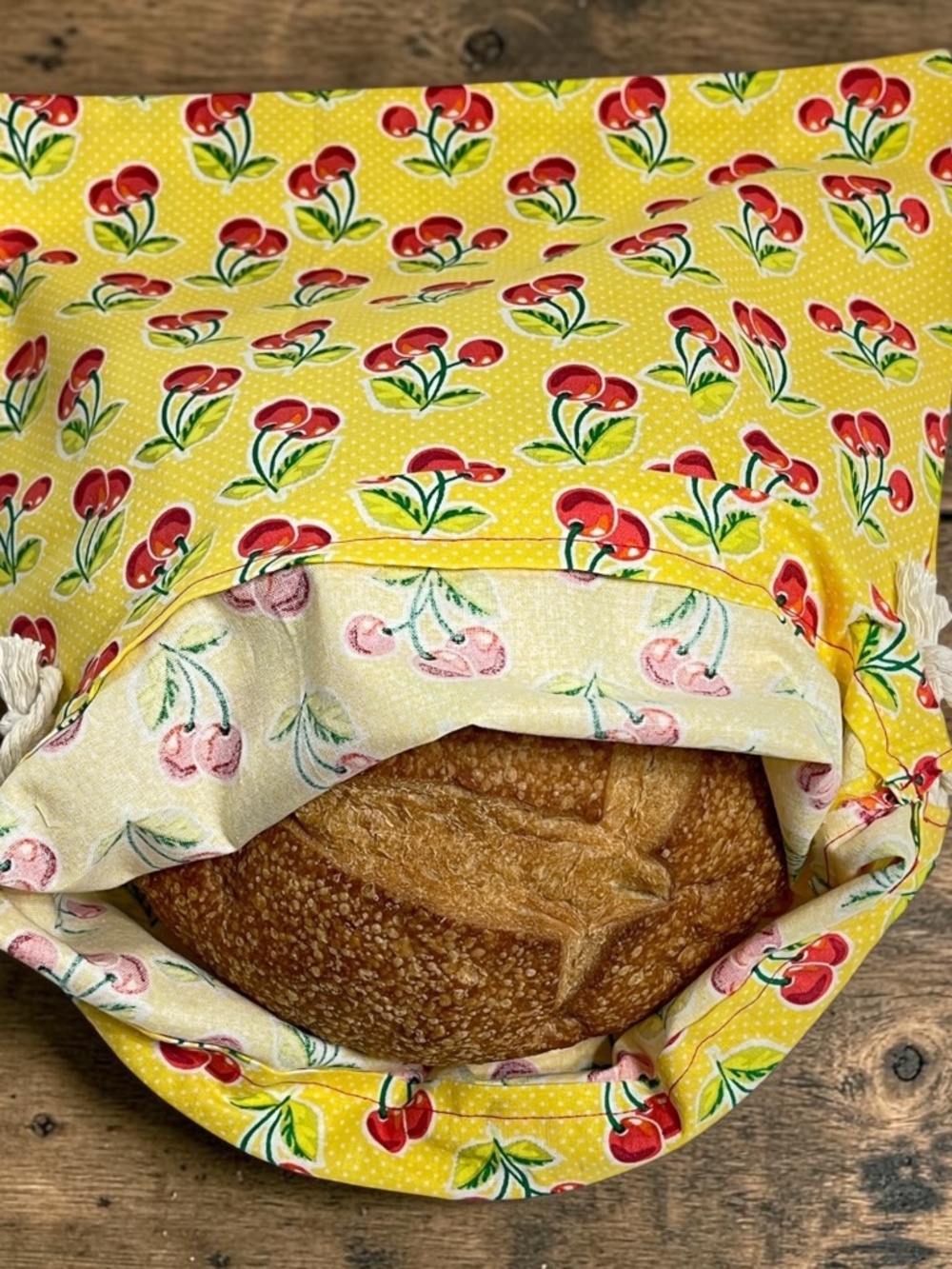 Yellow & Red Cherry Print Cotton Bread Bag | Reusable Sourdough Storage Keeper